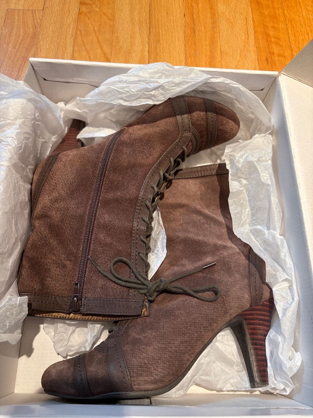 Nine West Brown Suede Lace-Up Heeled Boots